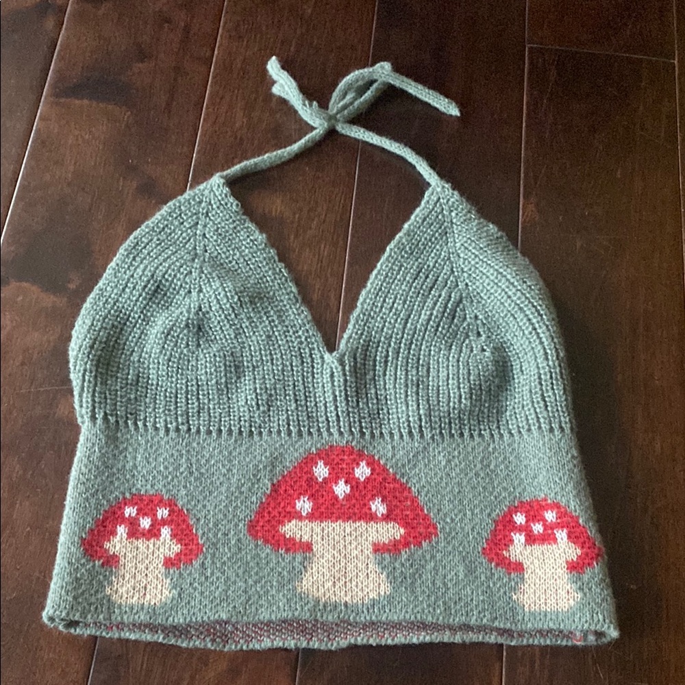 Green Knit Halter Top with Mushroom Design